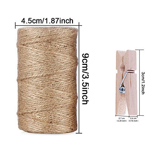 Giveet 328 Feet Natural Jute Twine and 100 Pieces Mini Clothespins, Multi-Purpose Arts Crafts Twine Industrial Heavy Duty Packing String for Gifts, DIY Crafts, Festive and Gardening Applications