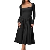 CHYRII Women Spring Fashion 2025 Square Neck Long Sleeve Casual A-Line Midi Dress