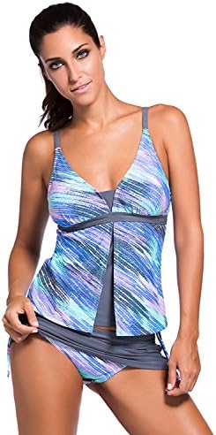 Miweel Womens Summer Bluish Print Colorblock Tankini Top and Bottom Set Swimsuit