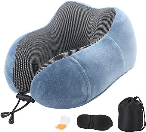 飛行機 低反発まくら 旅行用 携帯枕 首枕 U型 洗える オフィスお昼寝枕 新幹線 車用 自宅 軽量 便利 通気性が良 在庫処分 含むアイマスク 耳栓 収納袋 ブルー