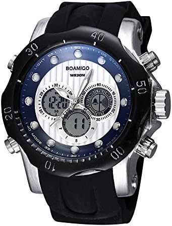 BOAMIGO Luminous Alarm Week 50M Waterproof Quartz Digital Mens Watch (Black White)