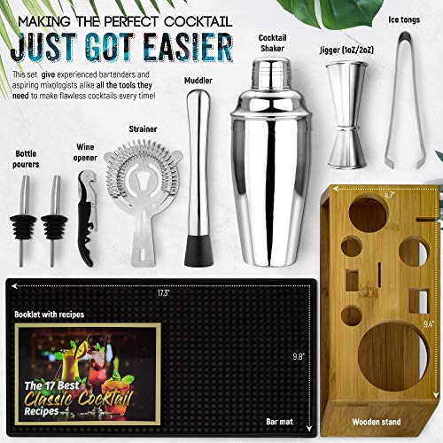 Bar Tools Bartender Tool Kit with Bonus Bar Mat (11 Piece) | Premium Bar Sets for The Home | Stainless Steel Cocktail Shaker Set and Bar Cart Accessories | Drink Mixer with Wooden Stand (Silver)