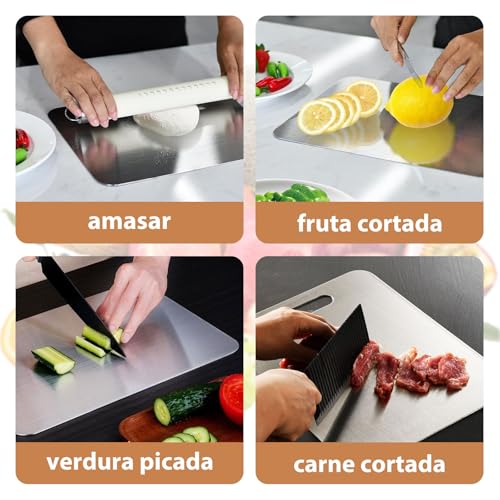 ZYJXLY Juego de 3 Tablas de Picar para Cocina,Tablas para Picar Cocina de Acero Inoxidable 304, Tabla De Cortar Acero Inoxidable,Titanium Cutting Board,Resistente, Fácil de Limpiar