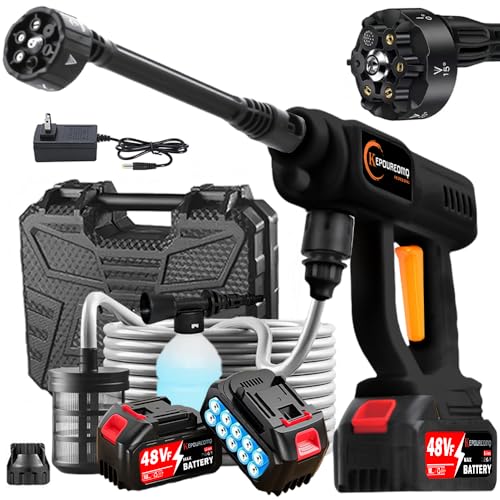 KEPOUREOMQ Pistola de Lavado de Alta Presión, 6 en 1 Hidrolavadora Inalambrica Eléctrica Portátil de 800PSI, 550W, con 2 * 15000mAh Baterías, 5m Manguera y Jarra de Espuma, Negro
