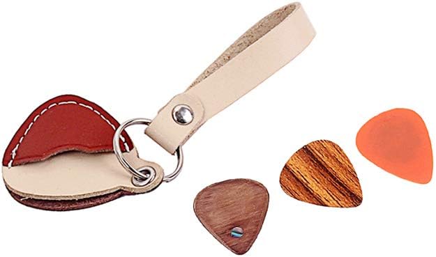 Alnicov Guitar Plectrum Pick Holder Cow Leather Case Keyring Key Ring Chain With 3Pcs Pick, Red - Image 5