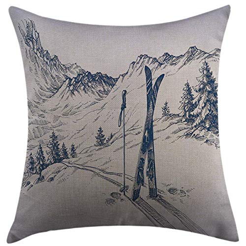 Mugod Decorative Throw Pillow Cover for Couch Sofa Home Decor,Winter Sketchy Graphic of a Downhill with Ski Elements in Snow Relax Calm View Blue White Pillow case 18x18 Inch - Thumbnail 7