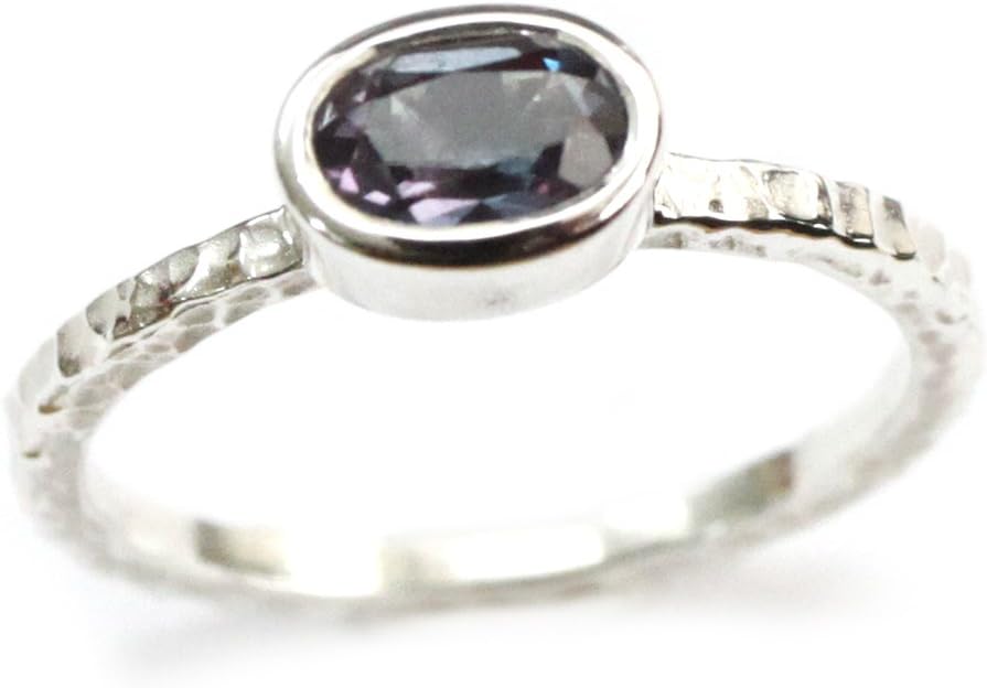 ZilverPassion Oval Lab Created Alexandrite Sterling Silver Hammered Stackable Band Ring, June Birthstone Size 3-15