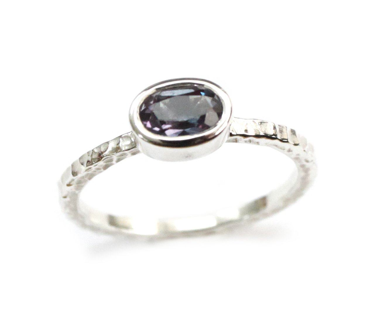 ZilverPassion Oval Lab Created Alexandrite Sterling Silver Hammered Stackable Band Ring, June Birthstone Size 3-15
