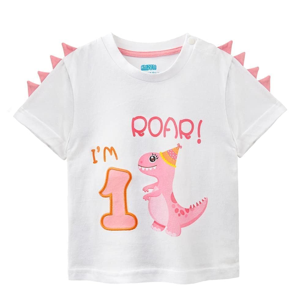1st Birthday Girl T-Shirt Dinosaur Party B-Day Themed Tee Gift for Baby Dino First Birthday T Shirt Cotton Short Sleeve T-Rex Printed White