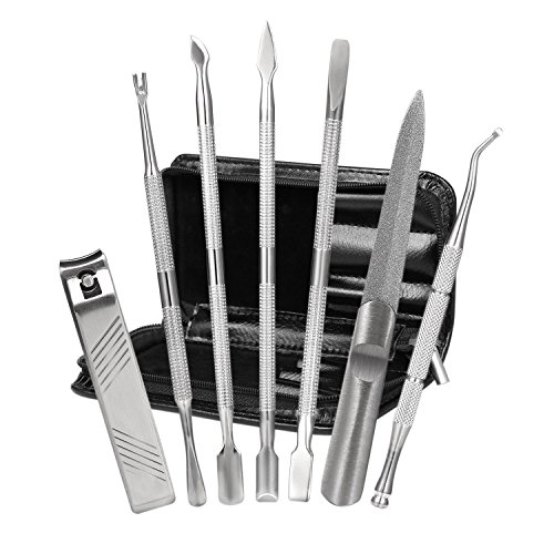 Cuticle Pusher Set Nail Polish Cuticle Remover Manicure Pedicure Tool Stainless Steel Push Stick Nail Lifter Travel Hygiene Kit with Zipper Case by BUVE(7pcs, Black)