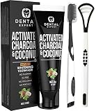 Activated Charcoal Teeth Whitening Toothpaste - Destroys Bad Breath with Tongue Scraper Cleaner Best Natural Black Tooth Paste Kit - Mint Flavor - Herbal Decay Treatment - Removes Coffee Stains