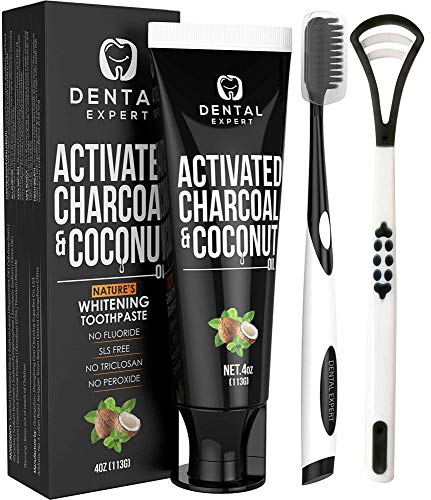 Activated Charcoal Teeth Whitening Toothpaste - Destroys Bad Breath with Tongue Scraper Cleaner Best Natural Black Tooth Paste Kit - Mint Flavor - Herbal Decay Treatment - Removes Coffee Stains