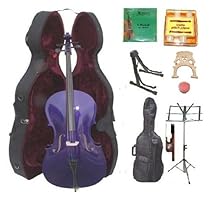 GRACE 3/4 Size PURPLE Cello with Hard Case + Soft Carrying Bag+Bow+Rosin+Extra Set of Strings+Extra Bridge+Pitch Pipe+Black Cello Stand+Music Stand BY MERANO
