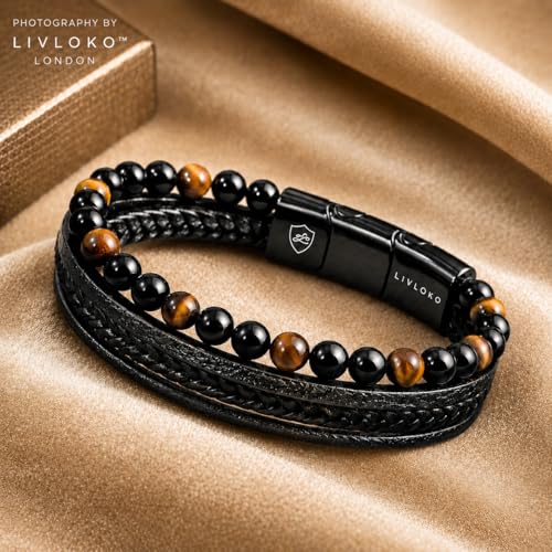 LIVLOKO LONDON Mens Bracelet Leather Black Multi-Layer Stone Beads Magnetic Adjutable Steel Clasp Viking Rope Bands Surfer Man Wristband Male UK Jewellery Gift box Boyfriend Dad Son Brother Tiger Eye