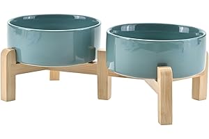 SPUNKYJUNKY Elevated Dog Bowls Ceramic, 5.1'' Dogs and Cat Food Water Bowls Raised with Non-Slip Bamboo Stand for Puppy Small Sized Breed Microwave Dishwasher Safe - 13.5 OZ,Dark Green
