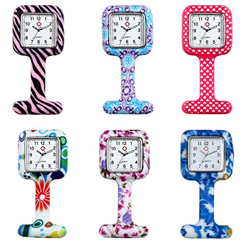 Ladies Girls Nurses Clip-on Fob Brooch Lapel Silicone Protection Cover Square Pocket Watch for Hospital Doctors (Pack of 6)