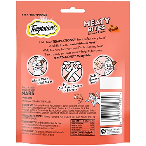 TEMPTATIONS MEATY BITES SOFT AND SAVORY CAT TREATS SALMON FLAVOR, 4.12 OZ. POUCH