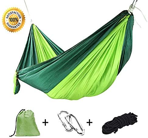 Camping Hammock, Double & Single Portable Hammocks with 2 Tree Straps and Carabiners | Easy Assembly | Lightweight Parachute Nylon Hammocks for Backpacking, Travel, Beach, Hiking (Dark Green/Green)