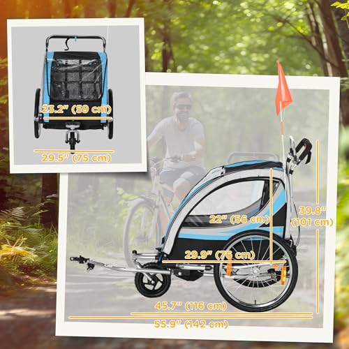 Aosom 2 Seat Bike Trailer for Kids 2-in-1 Double Baby Stroller with Handbrake, Rubber Wheels, 5 Point Harness, Waterproof Cover, Storage Bag, Reflectors