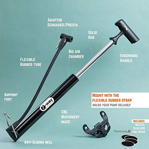 2-WAY New Bike Pump - Mini Bicycle Air Tire Pump - Suitable to Mountain, Bmx, Mtn, Fat Bike and Other Road Bikes - Also for Kid or Toddler | Repair Tire Kit Included