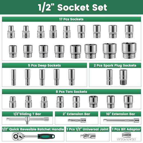 Ginour Socket Spanner Set 138-Piece 1/4 Inch & 1/2 Inch CR-V Ratchet Box with Bits, Extensions and Adapters, Tool Set for Car Repair and DIY