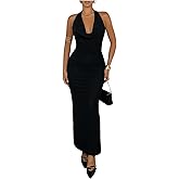 GORGLITTER Women's Draped Deep V Neck Backless Halter Dress Sexy Sleeveless Bodycon Wedding Guest Maxi Dresses