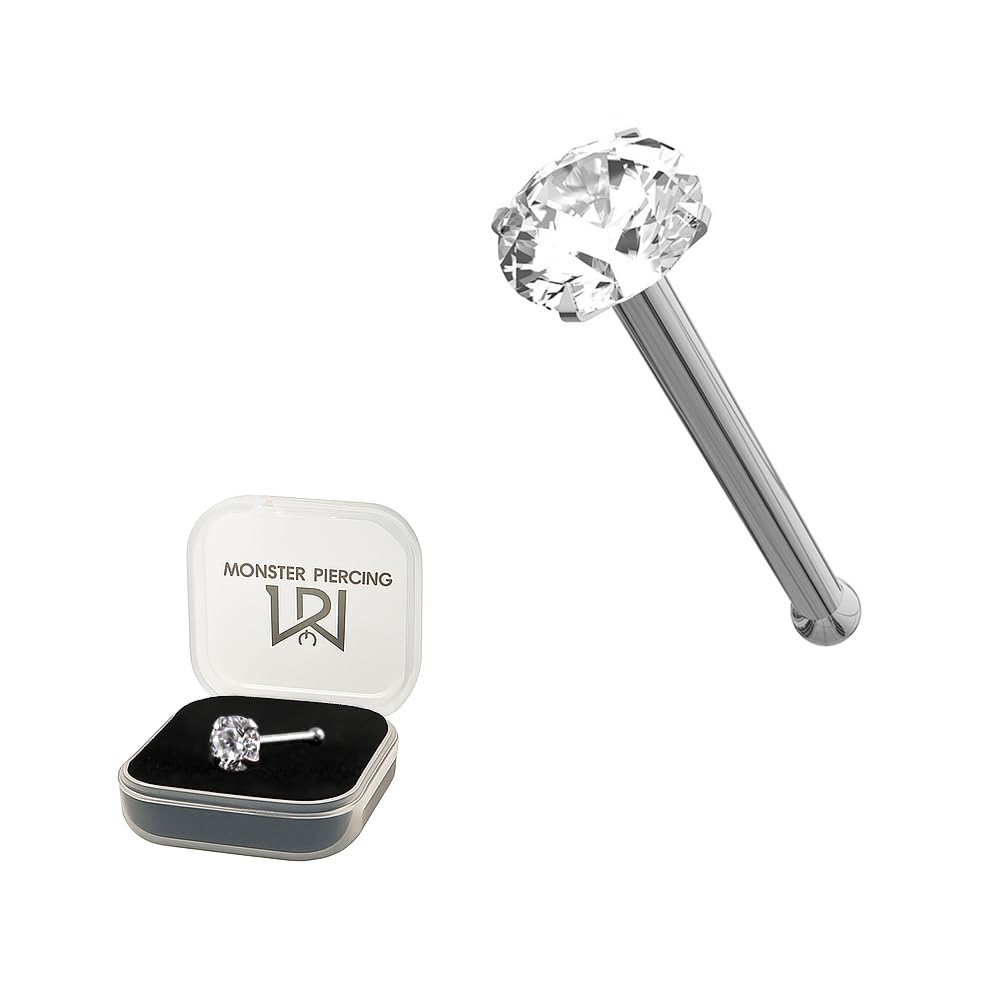 AZARIO LONDON 9K White Gold Claw Set 3MM Round CZ Stone 22 Gauge Nose Bone Nose Stud Piercing
