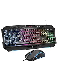 PICTEK Rainbow teclado de ratón con retroiluminación con cable, LED 104 teclas USB ergonómico reposamuñecas, 2400 DPI 6 botones ratón para Windows PC Gamer Desktop, ordenador (negro)