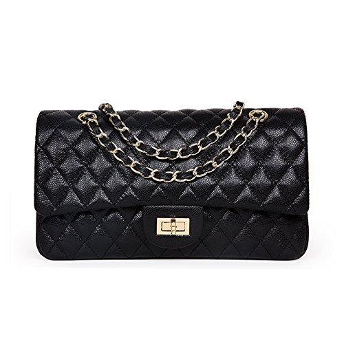 Ainifeel Women's Quilted Leather Shoulder Handbag With Chain Strap (Large, black)