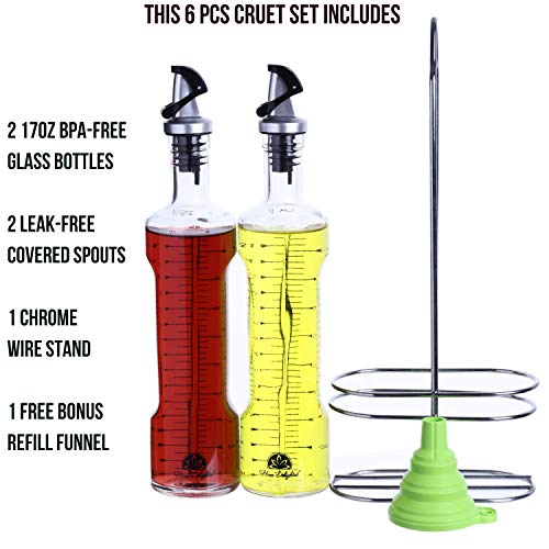 Premium Oil and Vinegar Dispenser Set in Stainless Steel Rack - BPA-Free Olive Oil Dispenser with Self-Closing Covered Spout - 17oz Round Slim Bottle Design & Dual OZ/ML Markings - Bonus Refill Funnel
