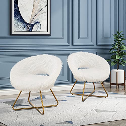 Alunaune Modern Swivel White Faux Fur Accent Chair for Living Room