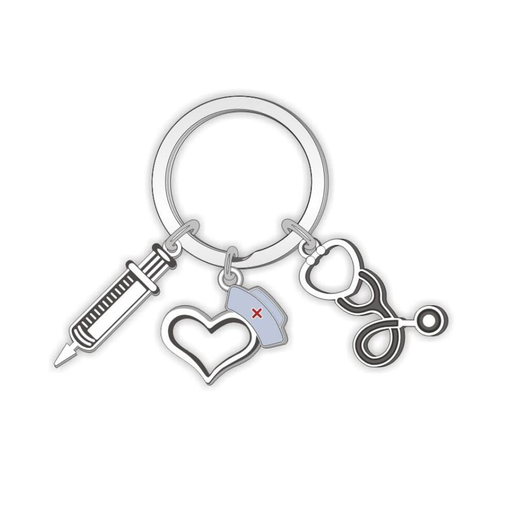 ARFUKA Keyring Nurse Syringe Stethoscope Pendant Keychain Metal Key Ring Christmas Birthday Gift Key Chain for Men and Women