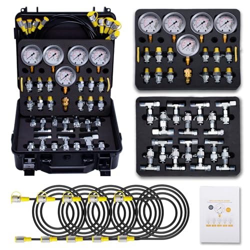 GRYVOZE Hydraulic Pressure Test Kit with 5 Gauges(Max 10000 PSI), 13 Test Couplings 14 Tee Connectors 5 Test Hoses, Hydraulic Gauge Tester Set for Excavator, Construction, Machinery, and Mine