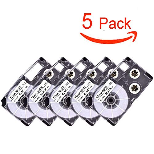 XR-12WE XR-12WE2S Compatible Casio Tapes 12mm x 8m (1/2 Inch x 26 Feet) Black on White Label Tapes Cassettes for Casio KL-60 KL-120 KL100 KL750 KL780 KL Label Makers, 5-Pack