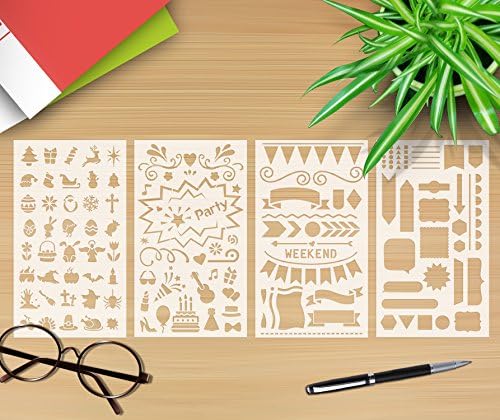 GSS Designs Pack of 4 Bullet Journal Stencils Set - Holiday,Party,Weekend,Frame,4x7 Inch Template Planner Stencil for A5 Notebook (SL-004)