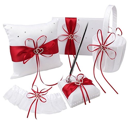 Youzpin 5Pcs Romantic Wedding Ceremony Party Favor Sets，Wedding Guest Book + Pen Stand + Flower Basket + Ring Pillow + Garter Double Heart Rhinestone Decor Ribbon Bow Elegant Wedding Party Decoration. - Thumbnail 6