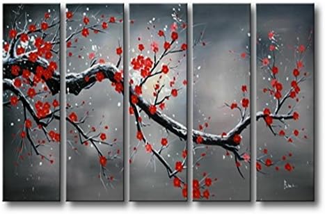 Sanbay Art 100% Hand Painted Oil Paintings on Canvas Hot Sale Beautiful Winter Pink Plum Blossom Framed Inside 5-pieces Set Artwork for Living Room Kitchen and Home Wall Decoration