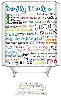 FunkyHome Custom Family Rules Educational Bathroom Shower Curtain Sets with Rugs, 72"x72" Mildew Resistant Fabric Shower Curtains with 15.7"x23.6" Non-Slip Doormat Bath Mat, Set of 2