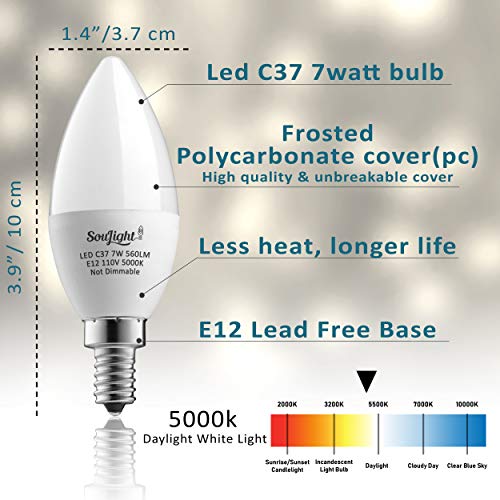 E12 LED Bulbs - Candelabra Light Bulbs, 7 Watt Equivalent 60W Incandescent Bulb, B11 560 Lumens, Daylight White 5000K, Candelabra Base, Non-dimmable, Chandelier&Ceiling Fan Replacement Bulb. 6 Pack.