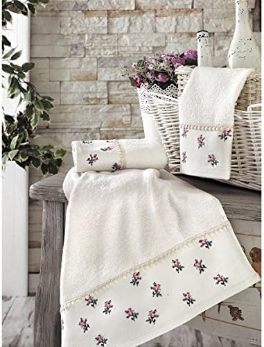 Serra Home Hotel &amp; Spa Tracy Embroidered Lace 100% Cotton Towels Soft Genuine Turkish Hand-Face Towel, Machine Washable Luxury Bath Sheet Set