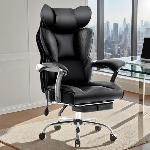 Fizzin PU Executive Office Chair, Big and Tall Ergonomic Office Chair with Footrest, Flip-Up Back Built-in Dynamic Airbag Lumbar Support and Interlocking Armrests (Black)