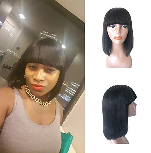 Enoya Human Hair Bob Wigs with Bangs Brazilian Yaki Machine Made Glueless Short Wigs (12" Natural Color)