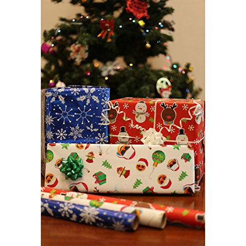 Premium Christmas Holiday Gift Wrapping Paper Rolls - Pack of 3 Rolls 120SQFT Juvenile Sonwman, Foil Blue Snowflakes, Christmas Emoji