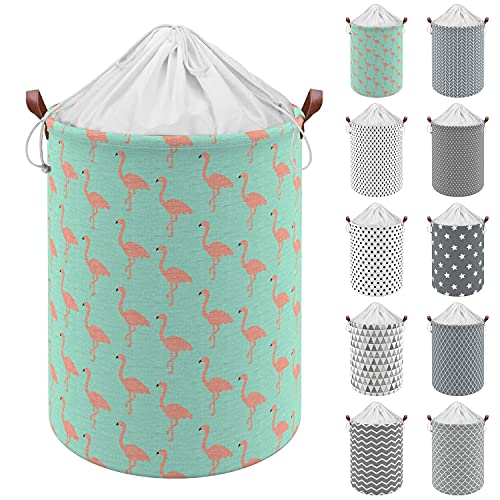 Vinsani 19.7” Freestanding Laundry Basket Storage Sorter with Drawstring Lid, Collapsible Thick Canvas Hamper Basket For Clothes, Toys, Blankets, Towels & other Bathroom and Bedroom Use – Flamingo