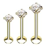 BodyJ4You 3PC Labret Stud Tragus Earring Set 16G Goldtone Steel Crystal Helix Lip Monroe Cartilage