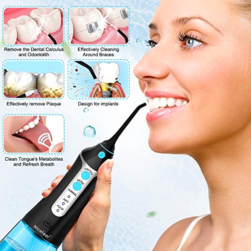 Cordless Water Flosser Oral Irrigator, Nicefeel 300ML 2 Tip Case Portable and Rechargeable Water Flossing for Travel, IPX7 Waterproof 3 Mode Teeth Cleaner with Tongue Cleaner, 4 Jet Tips for Home - Thumbnail 6