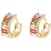 Women's 18k Gold-Plated Colored Zircon Hoop Earrings – Elegant Multi-Color Baguette Design