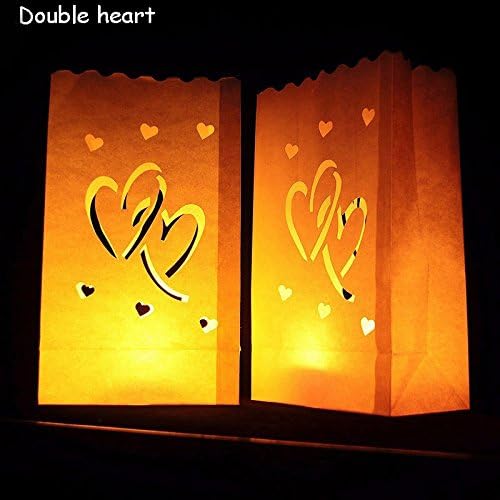 Adeeing Double Heart Luminary Paper Lantern Candle Bag Flame Retardant Paper Bag for Wedding,Reception,Party and Event Decor 10pcs/set