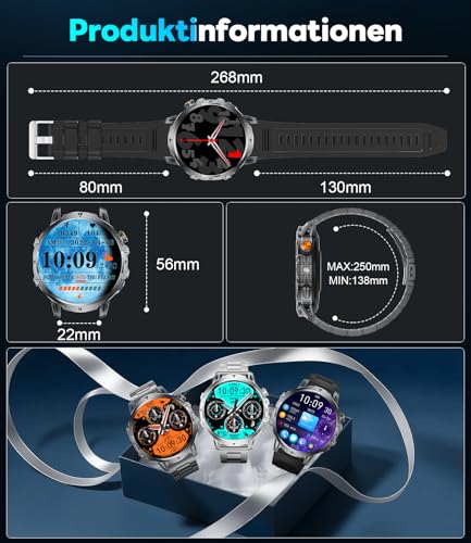 LIGE Military Smartwatch Men - 1000 mAh/1.85 Inch HD Large Touch Screen/LED Light, Fitness Watch with 110+ Sports Modes, Heart/Sleep Tracking, 2 Bracelets, IP68 Waterproof, Sports Watch for iOS/Android, Black