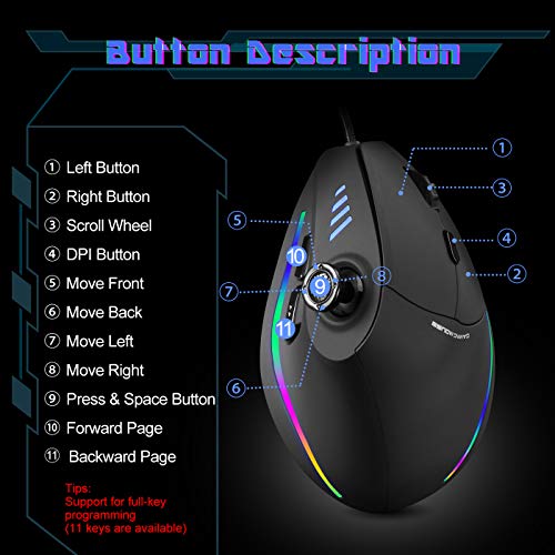Gaming Mouse with 5 D Rocker, TRELC Ergonomic Mouse with 10000 DPI/11 Programmable Buttons, RGB Vertical Gaming Mice Wired for PC/Laptop/E-Sports/Gamer (Black) - Thumbnail 5